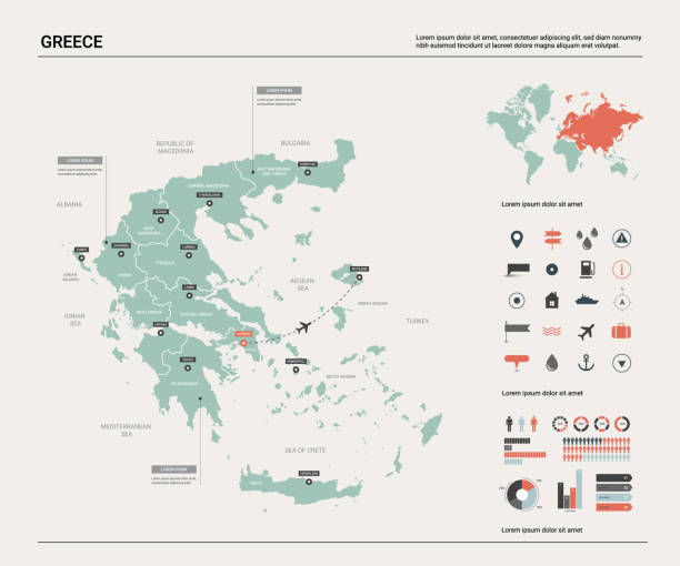 ilustrações de stock, clip art, desenhos animados e ícones de vector map of greece.  high detailed country map with division, cities and capital athens. political map,  world map, infographic elements. - capital cities