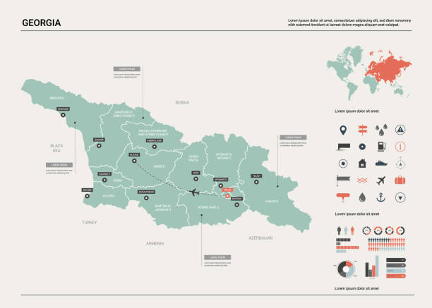 Vector map of Georgia.  High detailed country map with division, cities and capital Tbilisi. Political map,  world map, infographic elements. Vector map of Georgia.  High detailed country map with division, cities and capital Tbilisi. Political map,  world map, infographic elements. georgia country stock illustrations