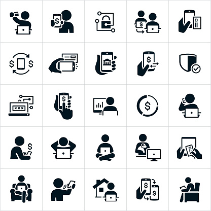 A set of icons related to mobile and online banking. The icons include people using mobile devices to do online banking from home, work or wherever they are. The icons also include online banking from computers, electronic check deposit, banking security, money transfers, using a bank card and banking while seated in a chair among others.