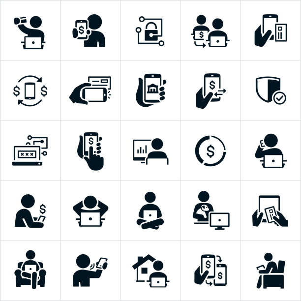 Mobile and Online Banking Icons A set of icons related to mobile and online banking. The icons include people using mobile devices to do online banking from home, work or wherever they are. The icons also include online banking from computers, electronic check deposit, banking security, money transfers, using a bank card and banking while seated in a chair among others. bank deposit slip stock illustrations