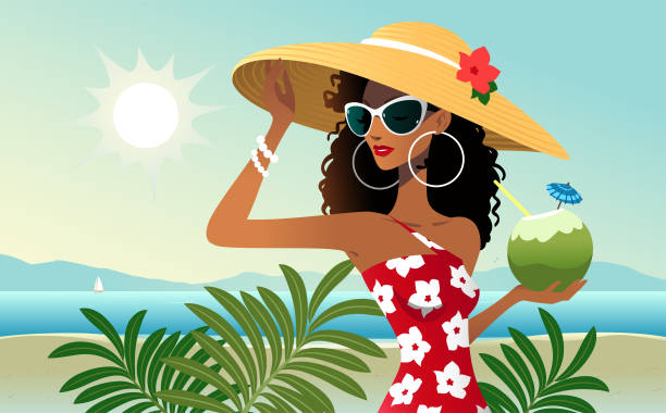 Vacation on the seaside Young woman spending her vacation on the seaside. woman sunglasses straw hat stock illustrations