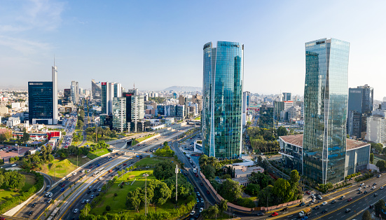 LIMA, PERU: Panoramic view of skyline in San Isidro district.