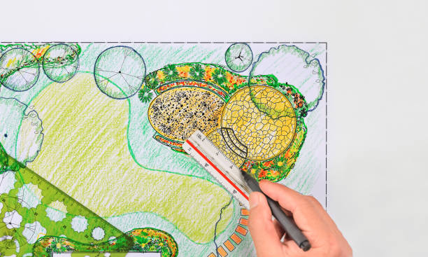 istock Landscape architect design stone patio in backyard garden plan 1143525420