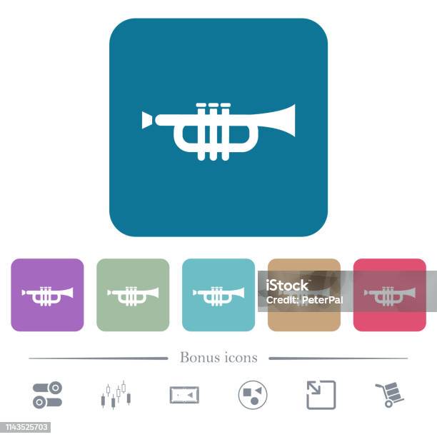 Trumpet Flat Icons On Color Rounded Square Backgrounds Stock Illustration - Download Image Now