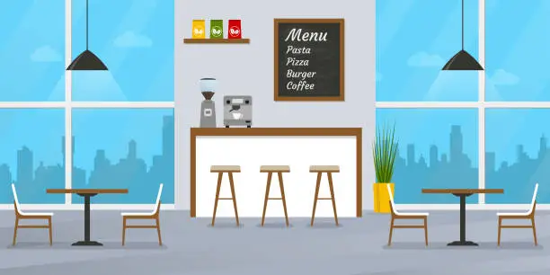 Vector illustration of Cafe or restaurant interior design with bar counter, tables and chairs. Cafeteria inside with window and menu board. Vector illustration.