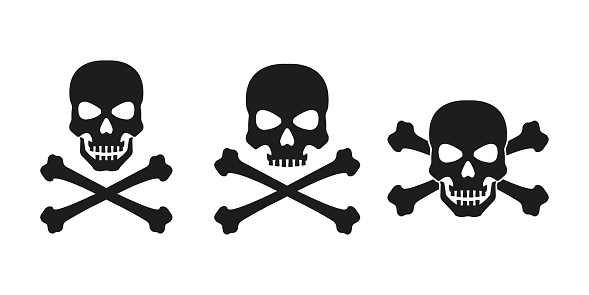 Skull with crossed bones icon set. Death, pirate and danger symbol. Skeleton head. Vector illustration.