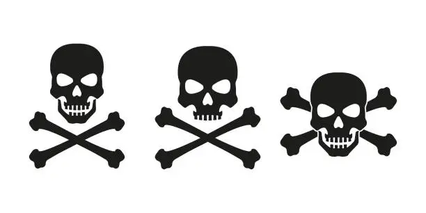 Vector illustration of Skull with crossed bones icon set. Death, pirate and danger symbol. Skeleton head. Vector illustration.
