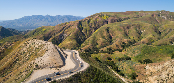 Aerial view of the mountain serpentine Grimes Canyon Road, Moorpark, California, USA