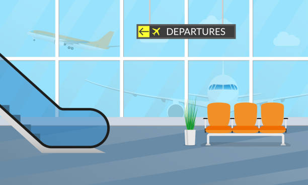 ilustraciones, imágenes clip art, dibujos animados e iconos de stock de fondo terminal del aeropuerto. sala de espera interior con los aviones fuera de la ventana. salón de salidas con sillas y escaleras mecánicas. ilustración vectorial. - airport interior