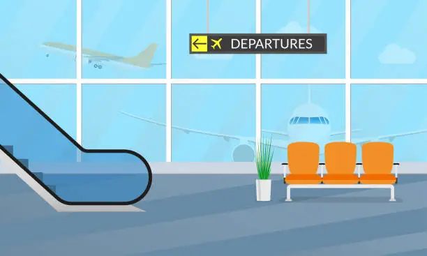Vector illustration of Airport terminal background. Waiting hall interior with the airplanes outside the window. Departure lounge with chairs and escalator. Vector illustration.