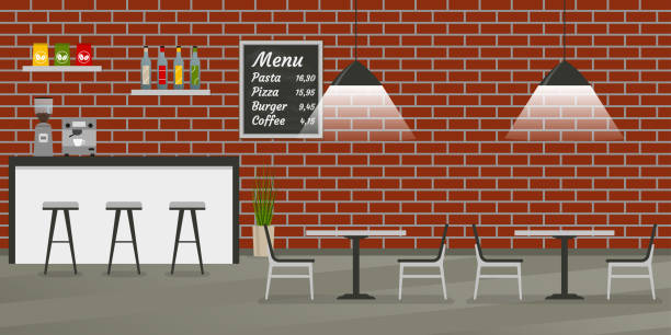 istock Cafe, restaurant or coffee shop interior in loft style. Bar or Pub inside with brick wall, menu board, chairs and tables. Vector illustration. 1143528897