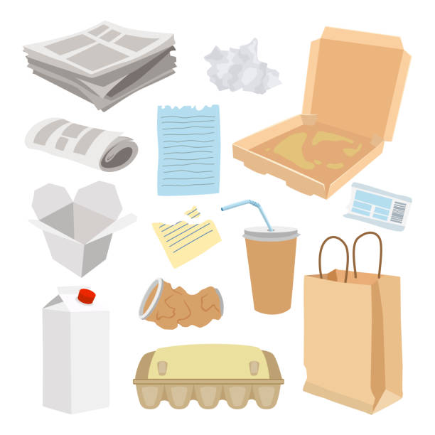 ilustraciones, imágenes clip art, dibujos animados e iconos de stock de conjunto de icono de papelera de papel, concepto de reciclaje de basura - cardboard