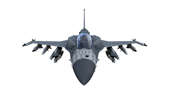 Avión de combate a reacción en vuelo, aviones militares, avión del ejército aislado sobre fondo blanco, vista superior frontal, renderizado 3D photo