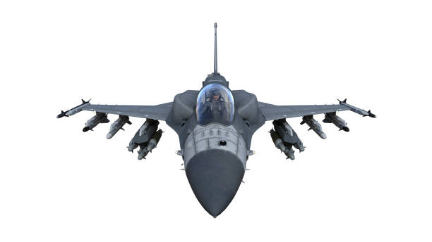 Fighter jet plane in flight, military aircraft, army airplane isolated on white background, front top view, 3D render