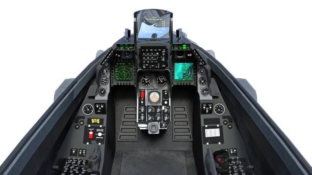 cockpit de avión de combate en vuelo, aviones militares, avión del ejército aislado sobre fondo blanco, renderizado 3d - cabina de mando fotografías e imágenes de stock