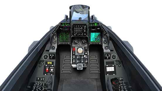 Cockpit of fighter jet plane in flight, military aircraft, army airplane isolated on white background, 3D rendering