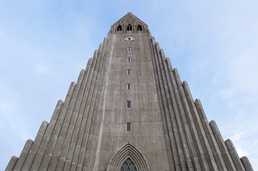 View of Hallgrímskirkja church from below, Reykjavik.
