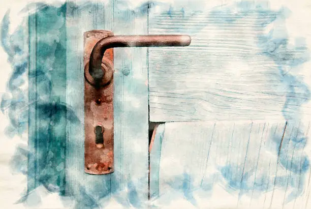 closeup of rustic blue door with old doorhandle in watercolors