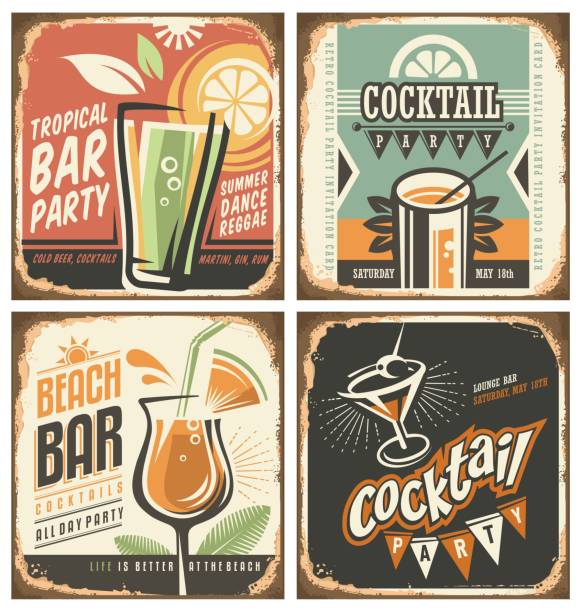 Cocktail bar retro tin sign set Cocktail bar retro tin sign set. Vector poster templates collection for summer party, bar or restaurant. Cocktail lounge vintage background drawings. Drink and food theme with rusty metal texture. alcohol drink stock illustrations