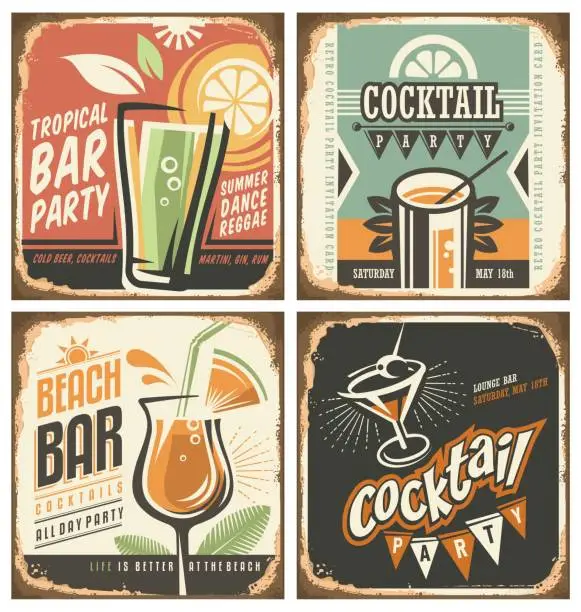 Vector illustration of Cocktail bar retro tin sign set