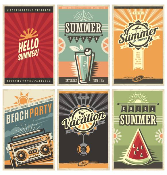 Set of retro summer holiday posters Set of retro summer holiday posters. Travel and vacation vintage signs collection. Sun summer and the sea promotional banners. Beach party vector design concept. Motivational summer ads and messages. holiday event stock illustrations