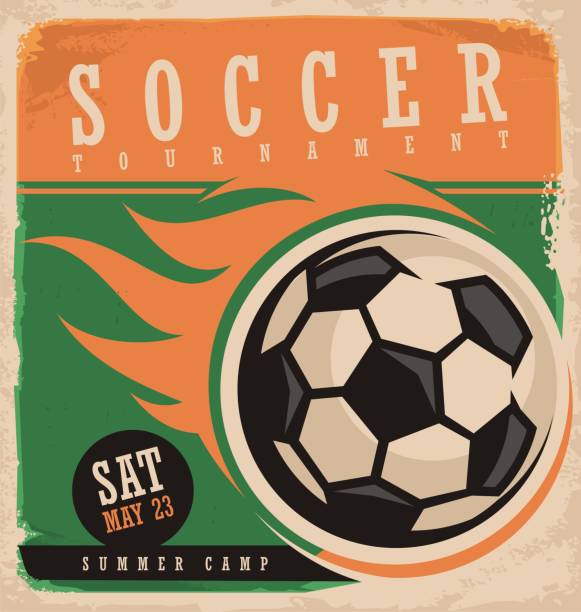 Soccer vector poster template. Retro ad for football tournament. Vintage style flyer design on old paper background. Old fashioned illustration banner with ball and flames.
