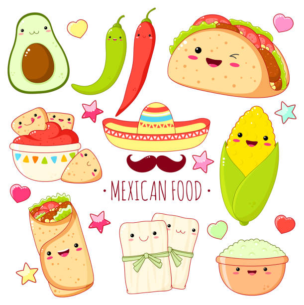 Set of cute mexican food stickers in kawaii style Set of cute mexican food stickers in kawaii style with smiling face and pink cheeks. Corn, burrito, nachos, guacamole, avocado, fajitas. EPS8 guacamole restaurant mexican cuisine avocado stock illustrations