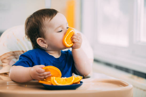 ein kleines mädchen in einem blauen t-shirt und einem blauen teller, der in einem kinderstuhl sitzt und eine orange isst - fruit flavor stock-fotos und bilder