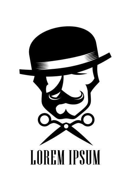 Barber man symbol design concept, scissors and hipster man sign Barber man symbol design concept, scissors and hipster man dressed in bowler hat with a mustache sign Combing stock illustrations