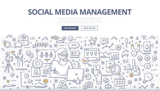 Social Media Management Doodle Concept - ilustração de arte vetorial