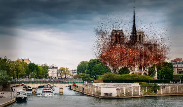 Photo of Digital concept of early stages of Notre Dame Cathedral fire, which occured on April 15, 2019 in Paris, France