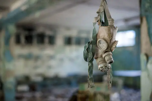 Gas masks in the middle school in Pripyat, Chernobyl exclusion zone. Nuclear catastrophe