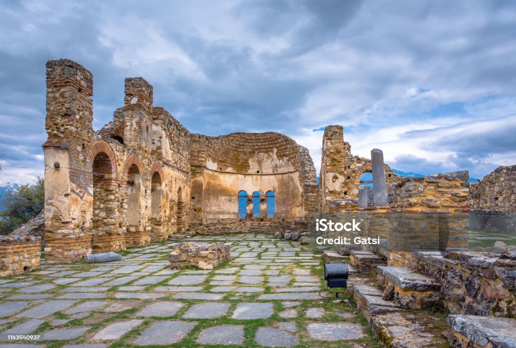 The byzantine basilica of Agios Achilios (Saint Achilles), in Small Prespa lake, Greece Achilles Stock Photo