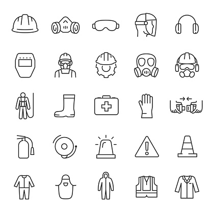 Protection and safety in the workplace, icon set. work area safety, linear icons. Notification and warning of danger. Line with editable stroke