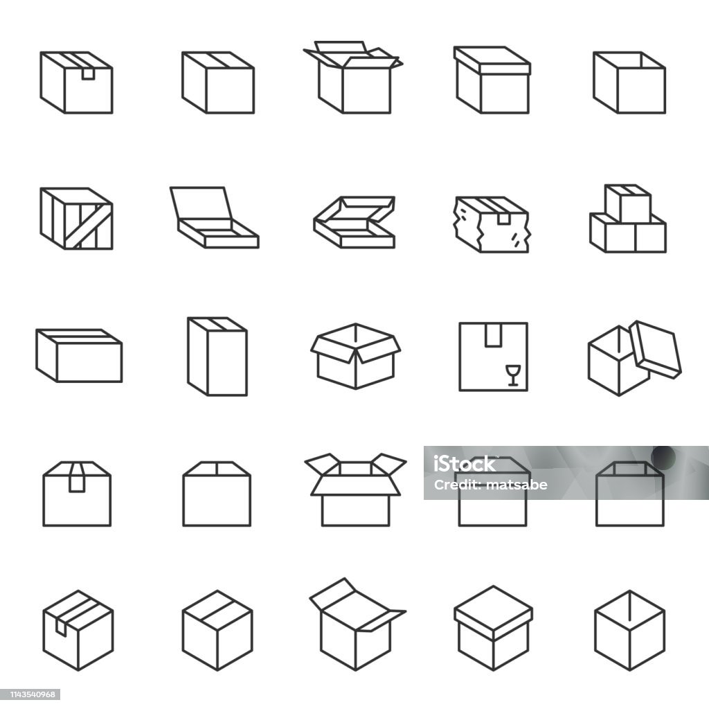상자, 선형 아이콘 집합입니다. 골 판지 포장 상자. 편집 가능한 스트로크 - 로열티 프리 상자 벡터 아트