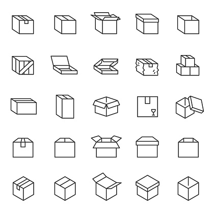Box, icon set. Cardboard packaging boxes, linear icons. Line with editable stroke