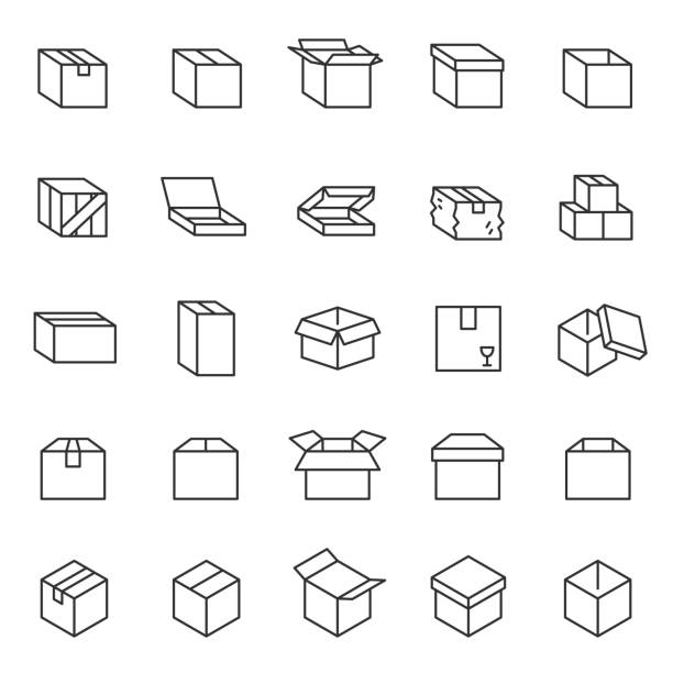 Box, linear icon set. Cardboard packaging boxes. Editable stroke Box, icon set. Cardboard packaging boxes, linear icons. Line with editable stroke box container stock illustrations
