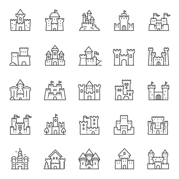 Castles of different shapes, icon set. Castle, linear icons. Editable stroke Castles of different shapes, icon set. Castle, linear icons. Line with editable stroke moated castle stock illustrations