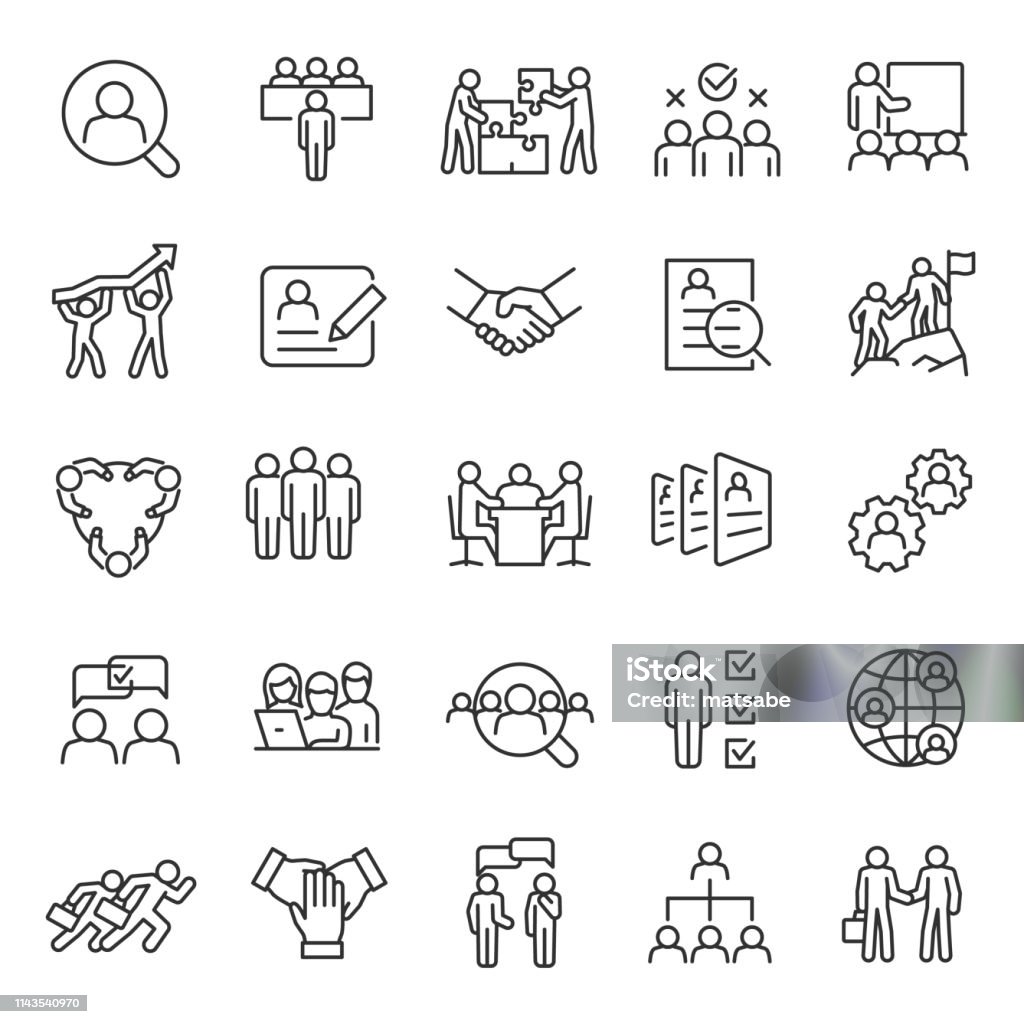 Human resource, linear  icon set. Job hunting and employee search. Interview and recruitment. team work, business people. Editable stroke. - Royalty-free Ícone arte vetorial