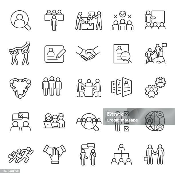 Human Resource Linear Icon Set Job Hunting And Employee Search Interview And Recruitment Team Work Business People Editable Stroke - Arte vetorial de stock e mais imagens de Ícone