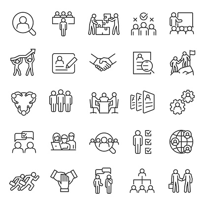 Human resource, icon set. Job hunting and employee search. Interview and recruitment, linear icons. team work, business people. Line with editable stroke.