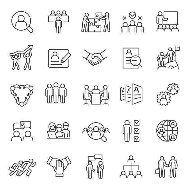 Human resource, linear  icon set. Job hunting and employee search. Interview and recruitment. team work, business people. Editable stroke. Human resource, icon set. Job hunting and employee search. Interview and recruitment, linear icons. team work, business people. Line with editable stroke. activity illustrations stock illustrations