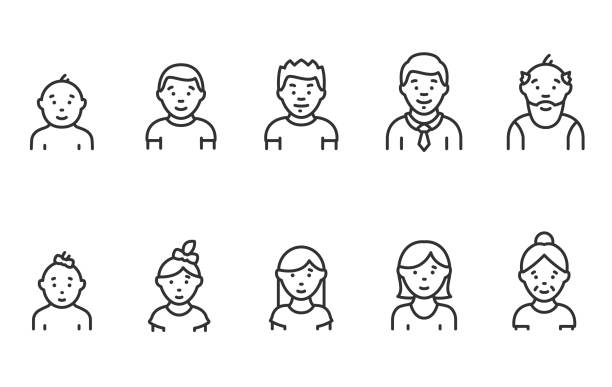 Lifecycle from birth to old age, linear icon set. People of different ages, male and female. Childhood to old age. Editable stroke Lifecycle from birth to old age, icon set. People of different ages, male and female, linear icons. Childhood to old age. Line with editable stroke aging process illustrations stock illustrations