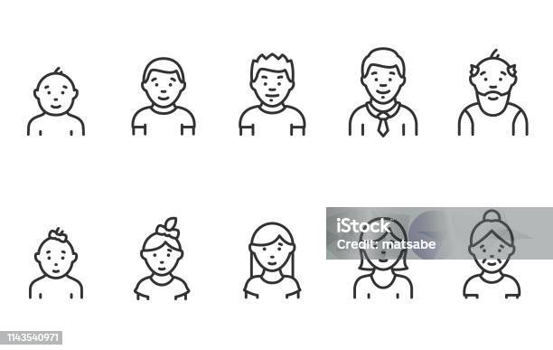 Lifecycle From Birth To Old Age Linear Icon Set People Of Different Ages Male And Female Childhood To Old Age Editable Stroke Stock Illustration - Download Image Now
