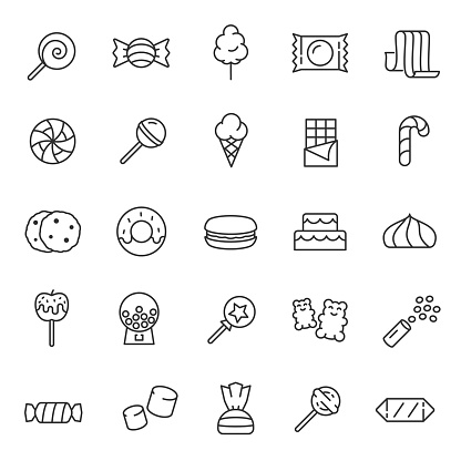 Candy, confectionery, icon set. Confections, sweets, sweet pastries, linear icons. Line with editable stroke