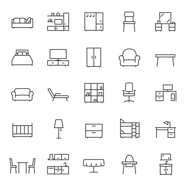 Furniture, icon set. Home interior, linear icons. Piece of furniture for the living room, bedroom, office, workplace, children's room and kitchen.Editable stroke Furniture, icon set. Home interior, linear icons. Piece of furniture for the living room, bedroom, office, workplace, children's room and kitchen. Line with editable stroke chair stock illustrations