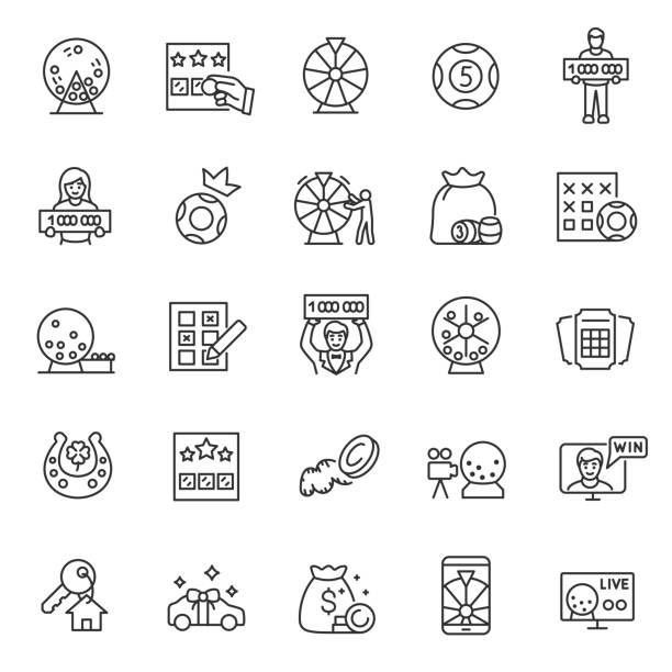 Lottery, icon set. Prize playing, lottery tickets and raffle drum, linear icons. Keno.Editable stroke Lottery, icon set. Prize playing, lottery tickets and raffle drum, linear icons. Keno. Line with editable stroke gambling icon stock illustrations