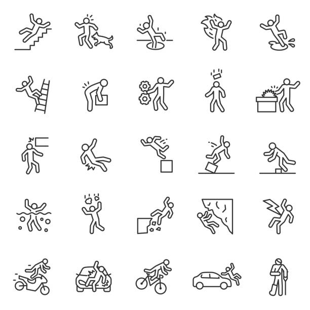 unfall, icon-set. stürze, schläge, autounfälle, verletzungen, etc. menschen piktogramm. bearbeitbare schlaganfälle - people equipment healthcare and medicine slim stock-grafiken, -clipart, -cartoons und -symbole