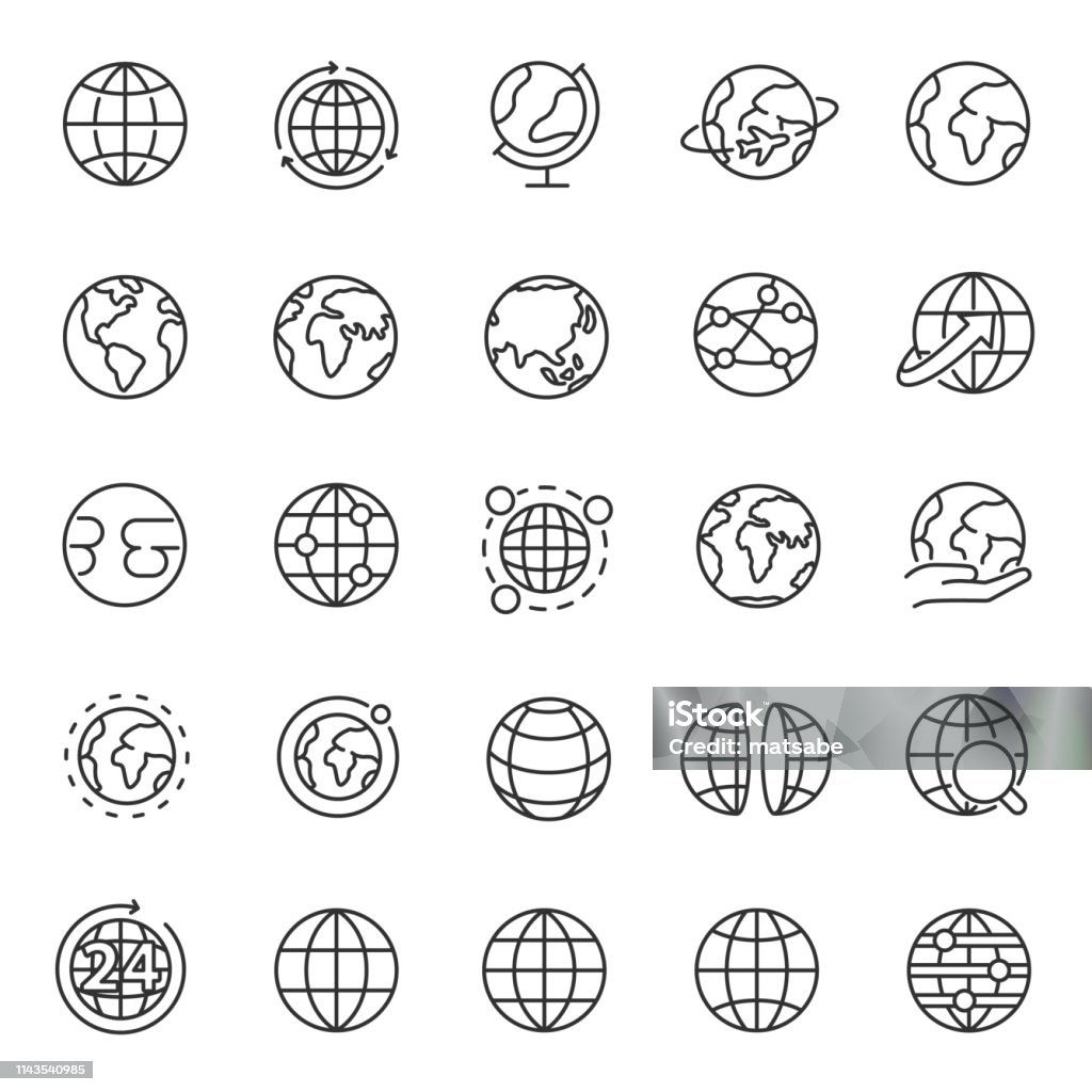 Globe, Icon-Set. Planet Erde, Weltkarte in verschiedenen Variationen, lineare Symbole. Bearbeitbare Schlaganfälle - Lizenzfrei Icon Vektorgrafik