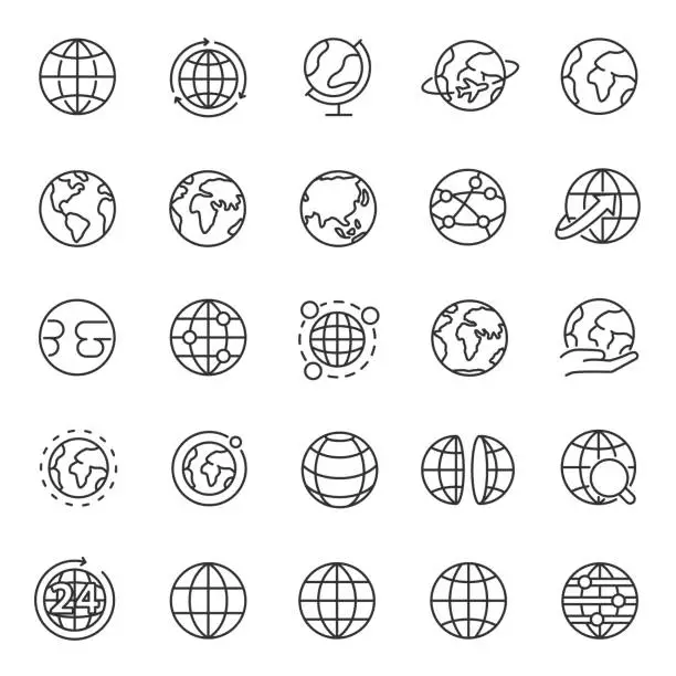 Vector illustration of Globe, icon set. Planet Earth, world map in different variations, linear icons. Editable stroke